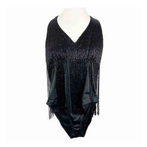 Amita Naithani Black Swimsuit Full Beaded Tassels Glam Size 12 One Piece Swim